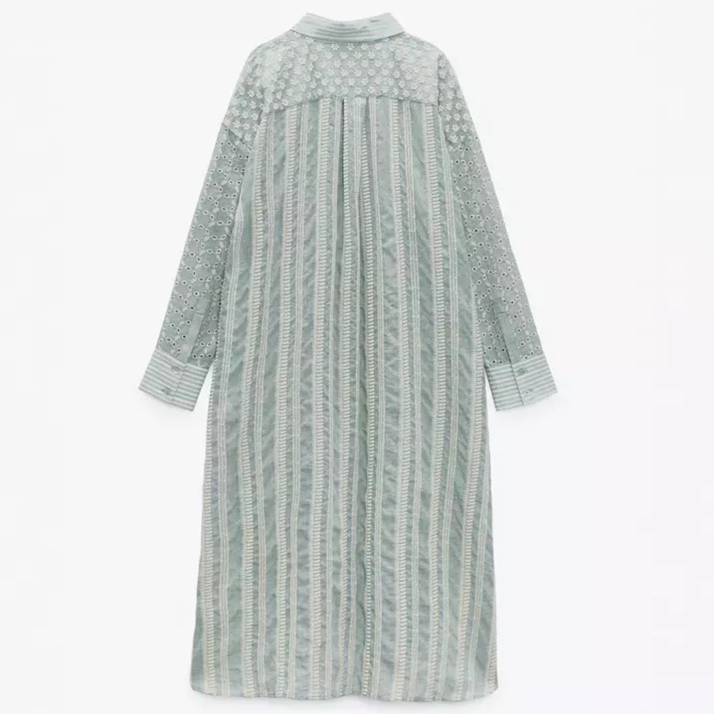 Sage Floral Embroidery Shirt Dress In A Vintage Boho Style With Long Sleeces - Picture 4 of 6